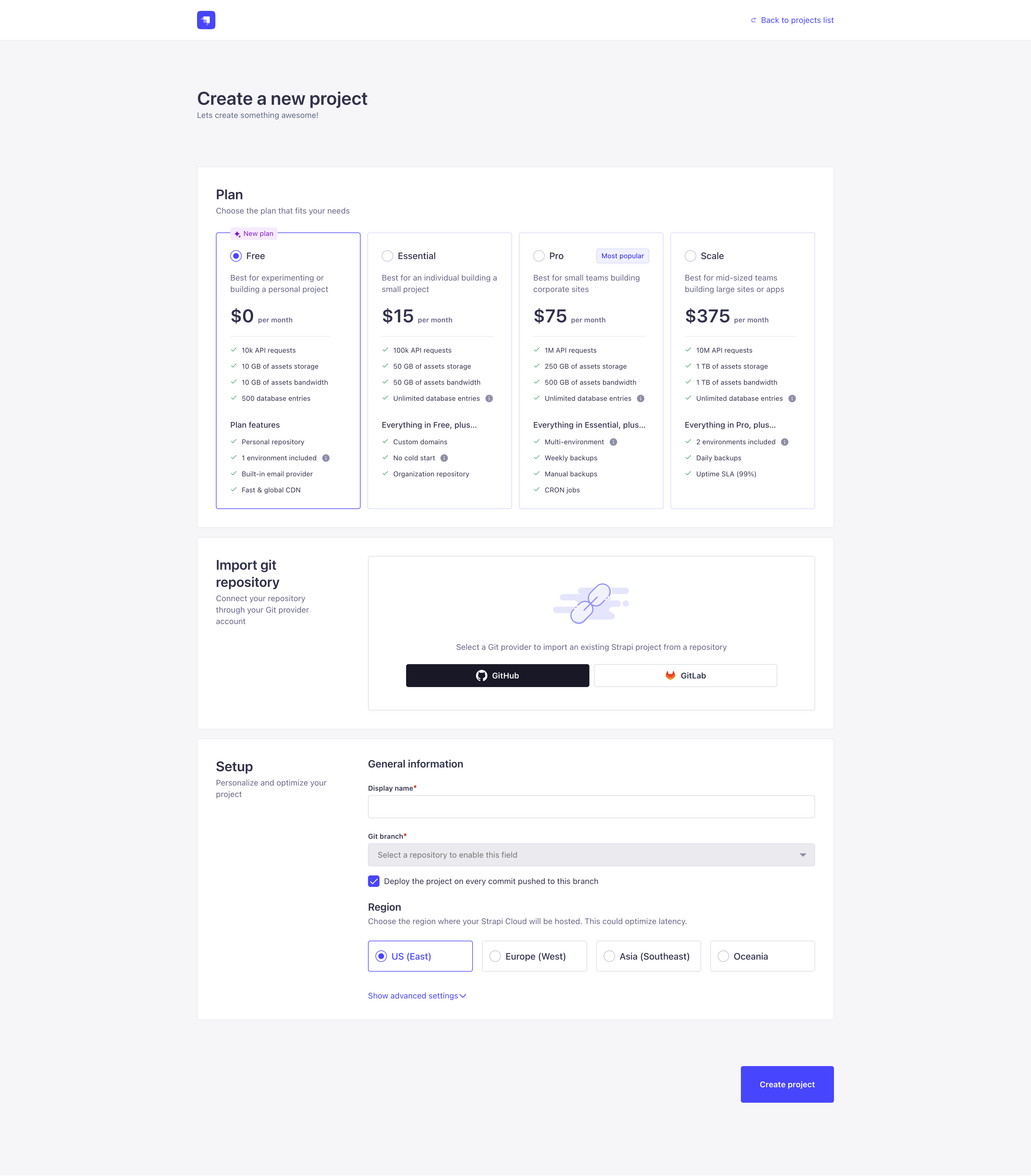 Strapi Cloud project creation, step 1